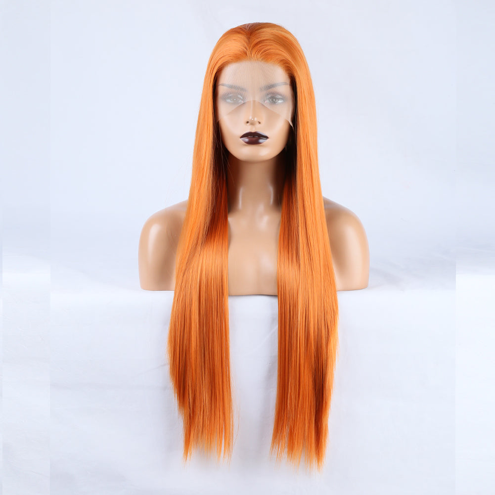 Long Straight Hair 13*2.5 Orange Chemical Fiber Front Lace Wig Head Cover Natural Hairline