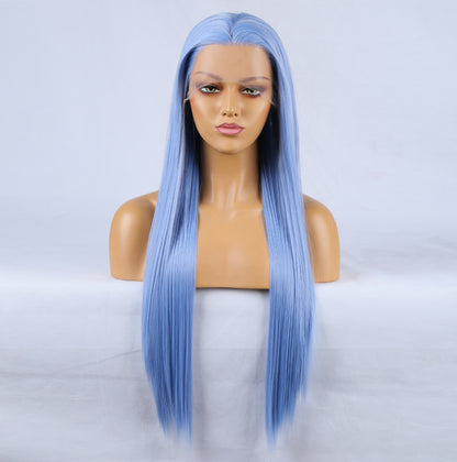 Fashion Hand Ditch 13 * 2.5 Chemical Fiber Front Lace Blue False Long Hair Head Cover Natural Hairline Wig