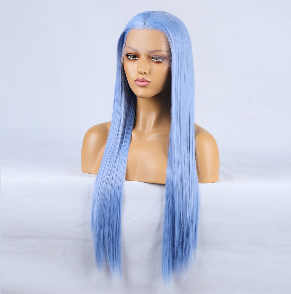 Fashion Hand Ditch 13 * 2.5 Chemical Fiber Front Lace Blue False Long Hair Head Cover Natural Hairline Wig