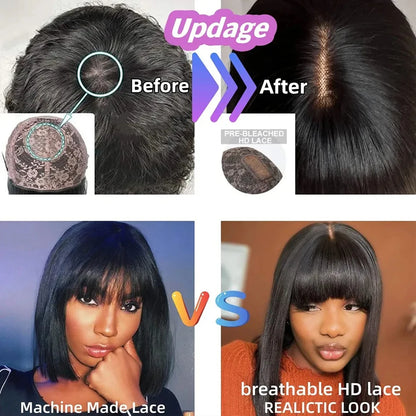 Middle Part 3X1 Hd Lace Wig Bone Straight Human Hair Wigs With Bangs Short Bob Wigs Full Machine Made Short Bob Human Hair Wigs