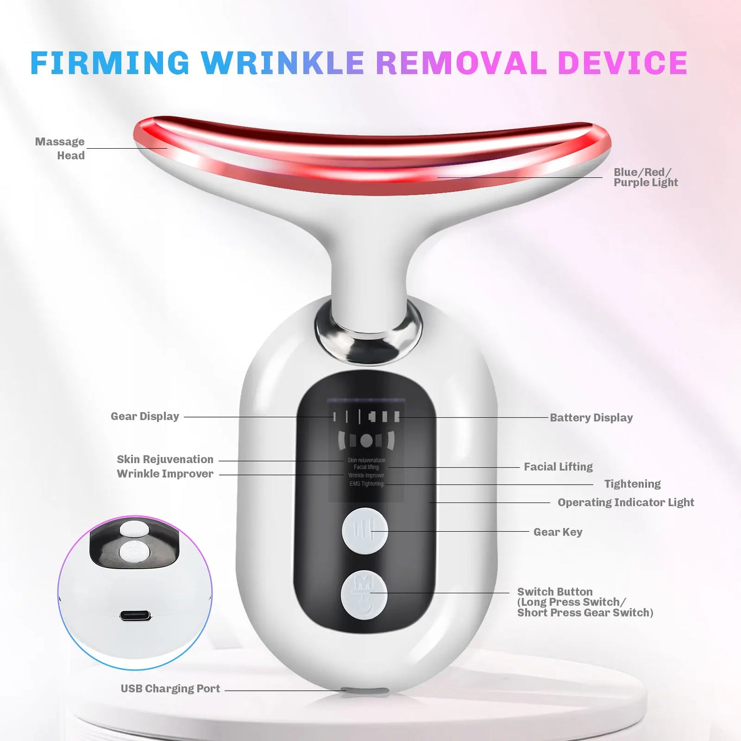 EMS Neck Face Lifting Beauty Device Vibration Massager LED Photon Therapy Skin Tighten Wrinkle Removal Skin Care Tools