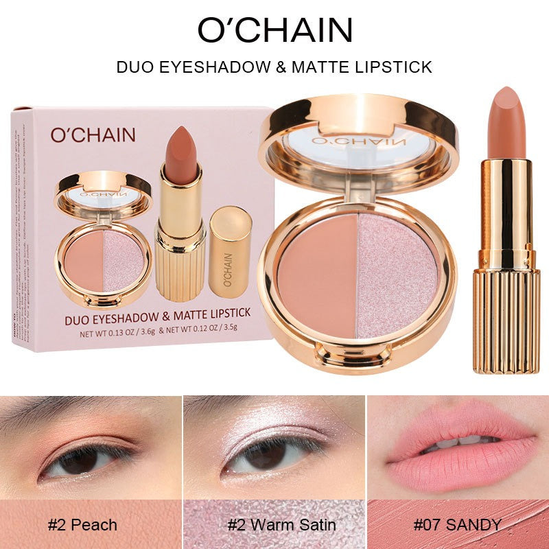 O'CHAINPearlescent two-color eyeshadow matte lipstick does not fade, non-sticky cup powdery delicate eyeshadow palette