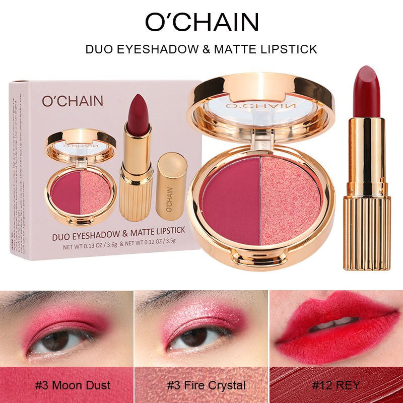 O'CHAINPearlescent two-color eyeshadow matte lipstick does not fade, non-sticky cup powdery delicate eyeshadow palette