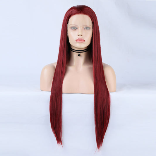 Fashion 13*2.5 Wine Red Wig Chemical Fiber Front Lace Wig Head Cover Natural Hairline