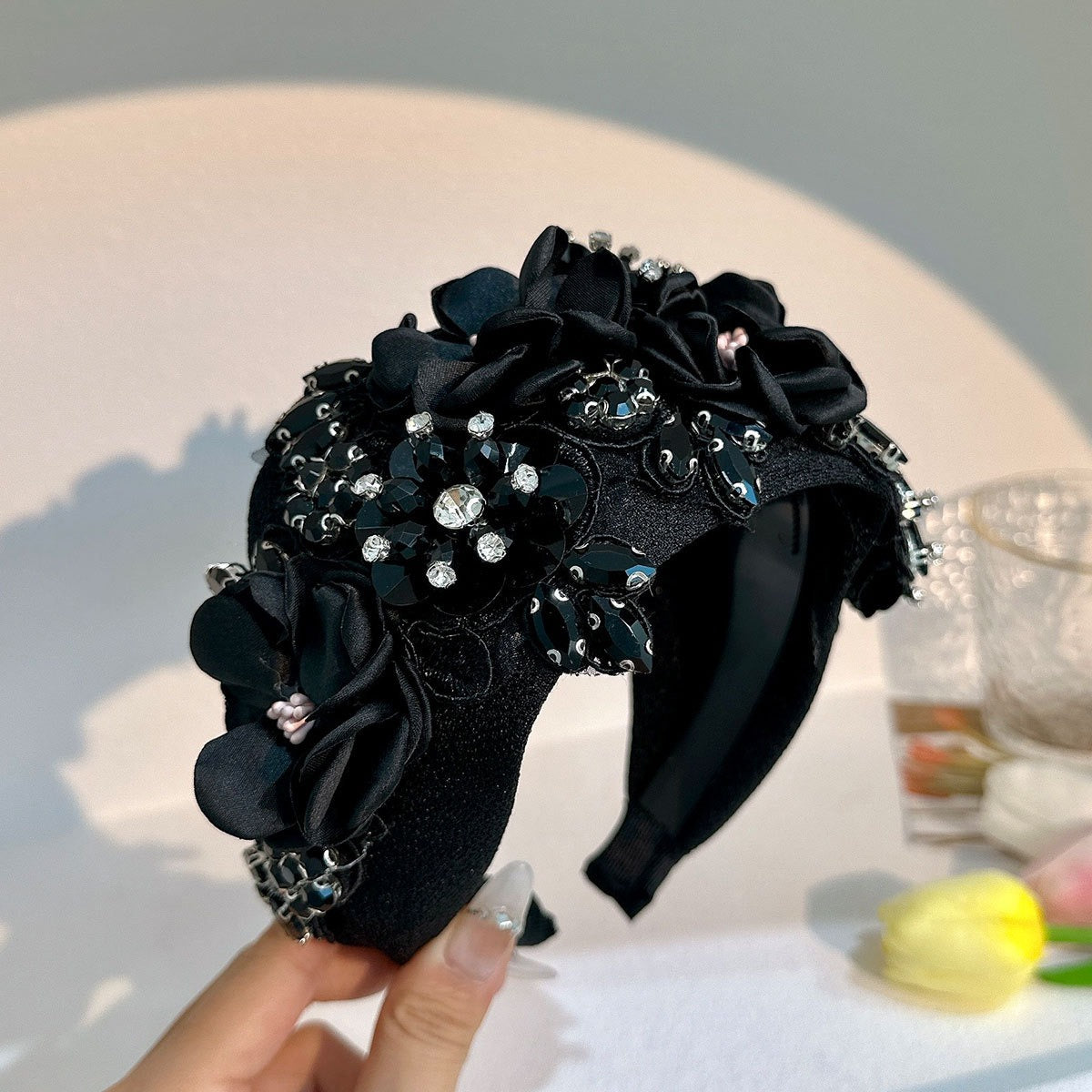 Fashionable solid color fabric flower oversized wide edged crystal headband