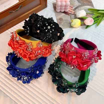 Fashionable solid color fabric flower oversized wide edged crystal headband