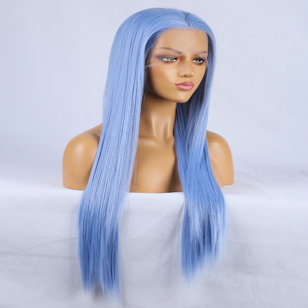 Fashion Hand Ditch 13 * 2.5 Chemical Fiber Front Lace Blue False Long Hair Head Cover Natural Hairline Wig