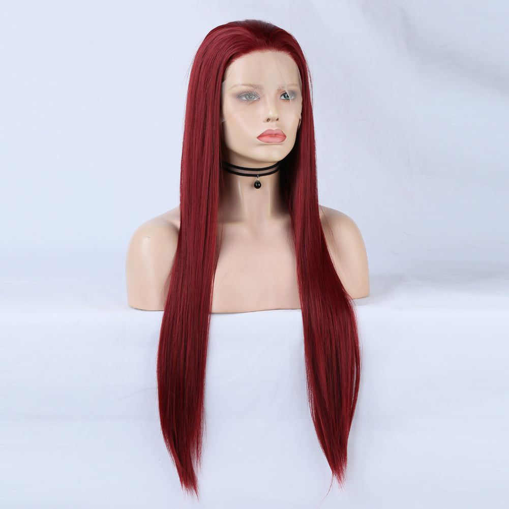 Fashion 13*2.5 Wine Red Wig Chemical Fiber Front Lace Wig Head Cover Natural Hairline