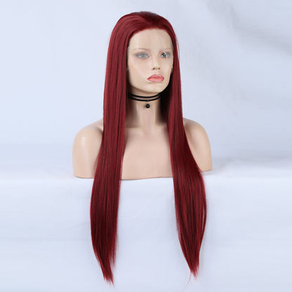 Fashion 13*2.5 Wine Red Wig Chemical Fiber Front Lace Wig Head Cover Natural Hairline