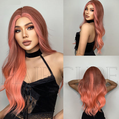 Long Curly Hair 24inch Women's Wig Set In The Middle Part Orange Pink