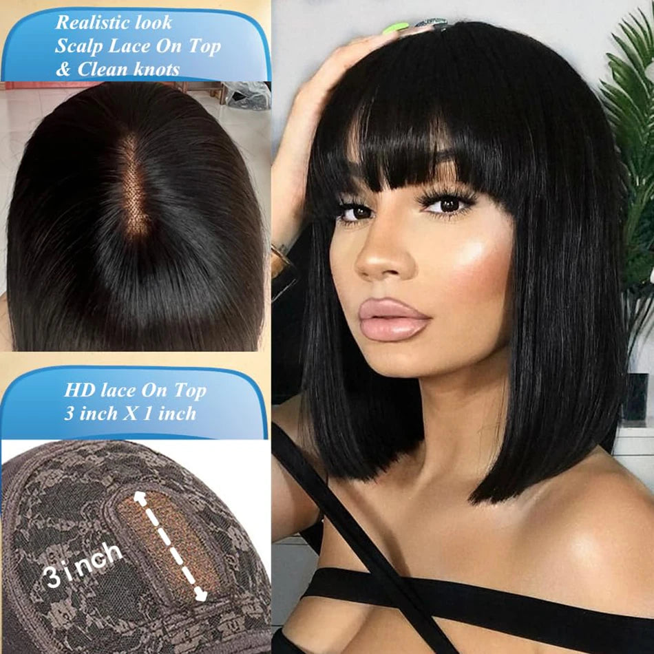 Middle Part 3X1 Hd Lace Wig Bone Straight Human Hair Wigs With Bangs Short Bob Wigs Full Machine Made Short Bob Human Hair Wigs