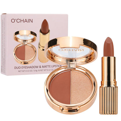 O'CHAINPearlescent two-color eyeshadow matte lipstick does not fade, non-sticky cup powdery delicate eyeshadow palette