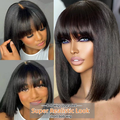 Middle Part 3X1 Hd Lace Wig Bone Straight Human Hair Wigs With Bangs Short Bob Wigs Full Machine Made Short Bob Human Hair Wigs