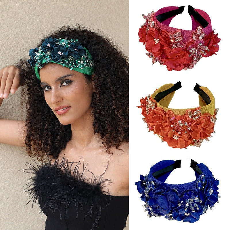 Fashionable solid color fabric flower oversized wide edged crystal headband