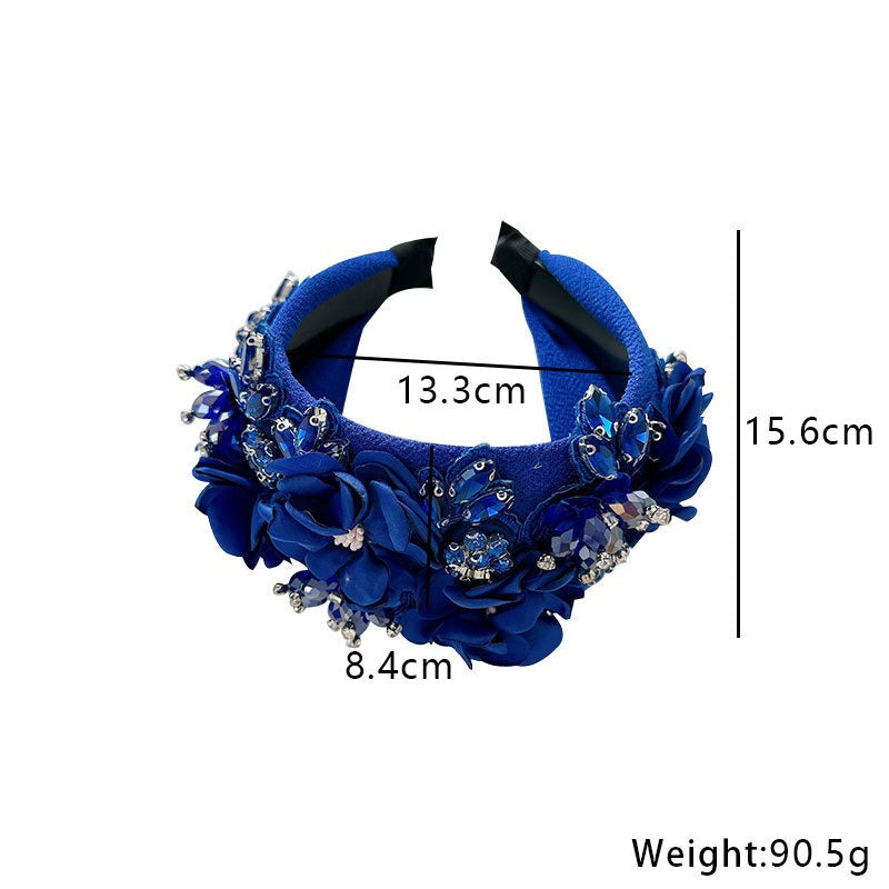 Fashionable solid color fabric flower oversized wide edged crystal headband