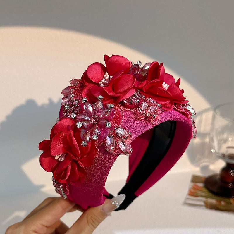 Fashionable solid color fabric flower oversized wide edged crystal headband